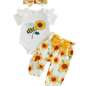 Adorable Baby Girl Sunflower Print Romper with Matching Shorts and Headband 3-Piece Set for Summer Fashion