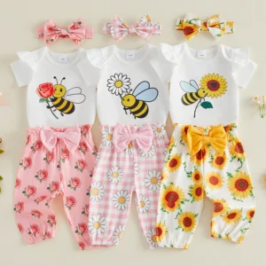 Girl Sunflower Print Romper with Matching Shorts and Headband 3-Piece Set
