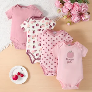 4pcs Set Of Baby Girl Short Sleeved Triangle Jumpsuit,